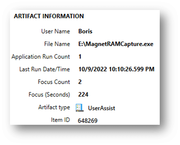 Artifact information for the User Assist artifact related to the USB device in Magnet Axiom