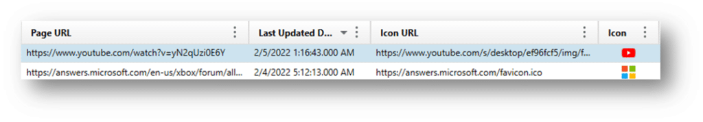 Screenshot showing Facicon data stored in the SQLite database.