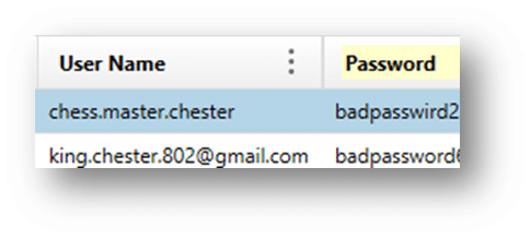 Screenshot of saved Google Chrome login data.