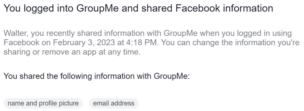 A screenshot of a GroupMe email from Facebook with critical time and date information included.