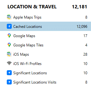A screenshot showing the total number of location artifacts (12,181) extracted by the full file system extraction of our test device.