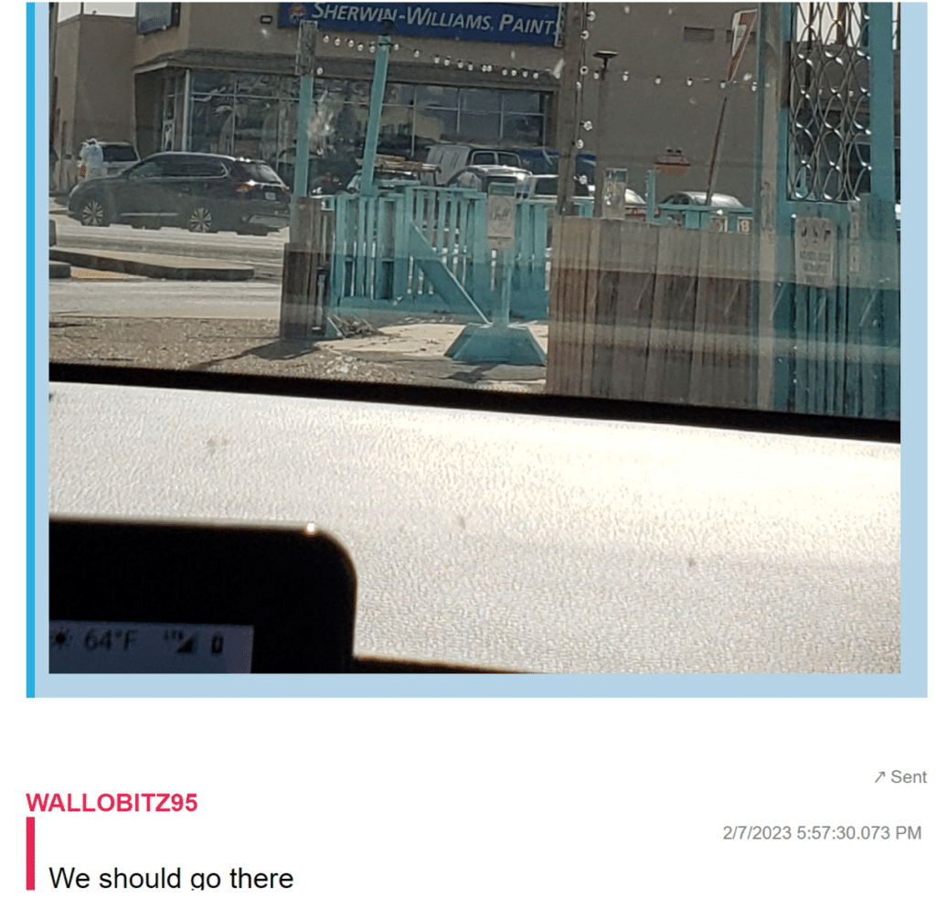A screenshot of a snapchat image of a Sherwin Williams store. Below the photo there is a user named "WALLOBITZ95" who has typed at 2/1/2023 5:57:30.073PM "We should go there"