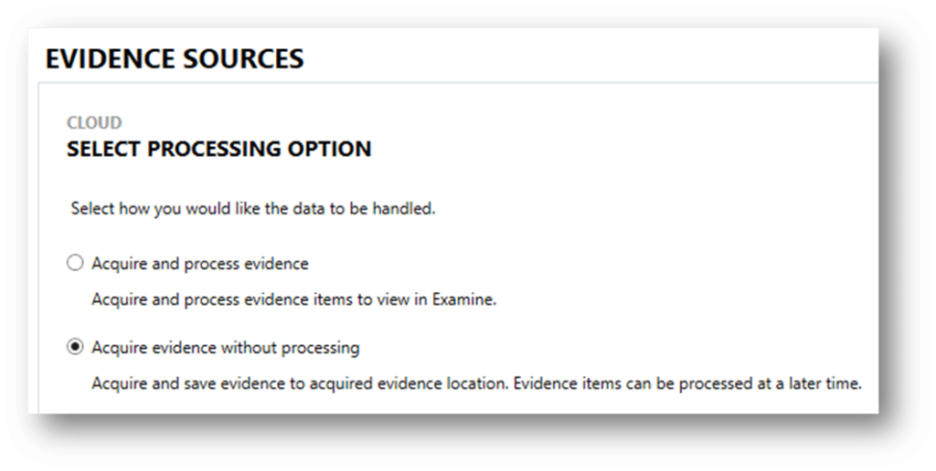 Screenshot of cloud processing option selection screen