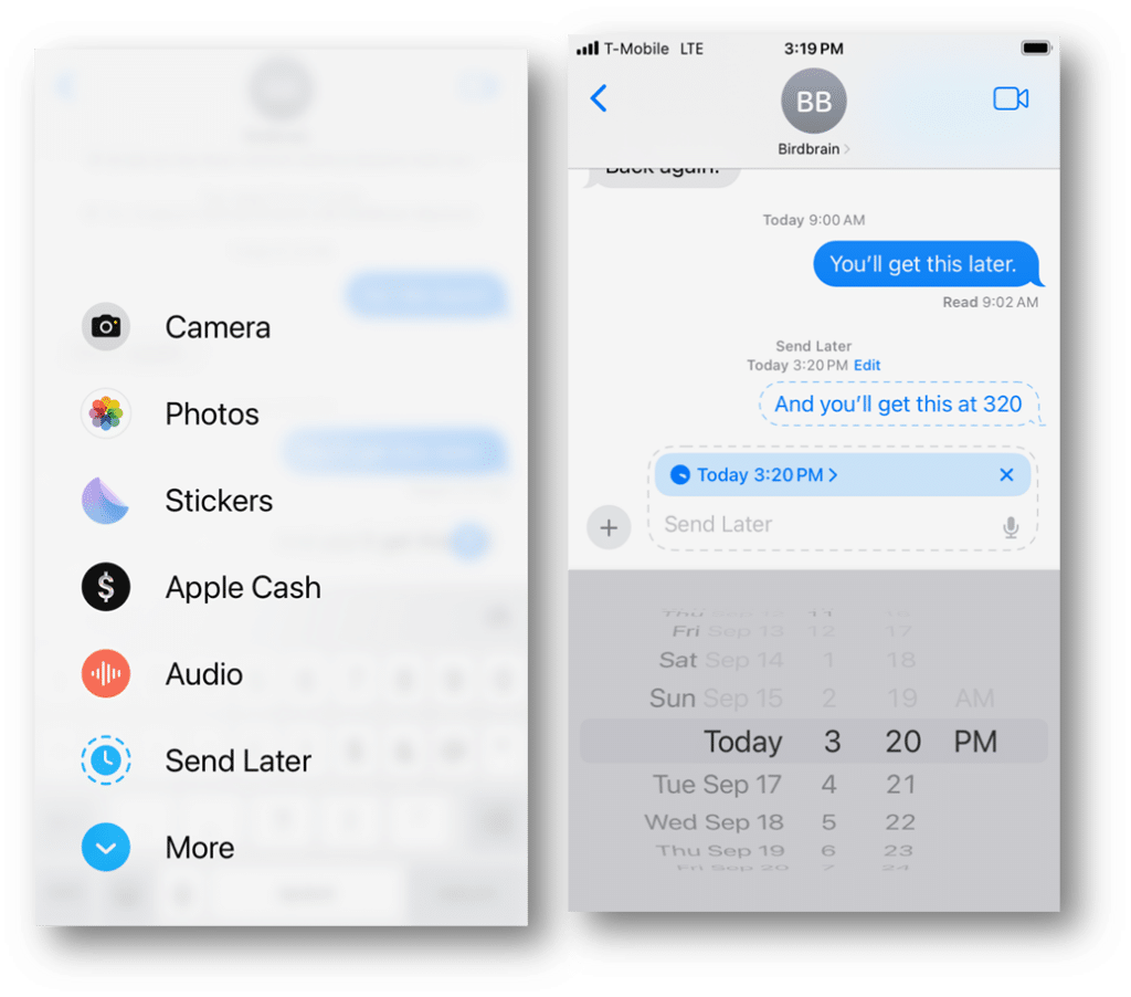 screenshot of iMessages "send later" functionality