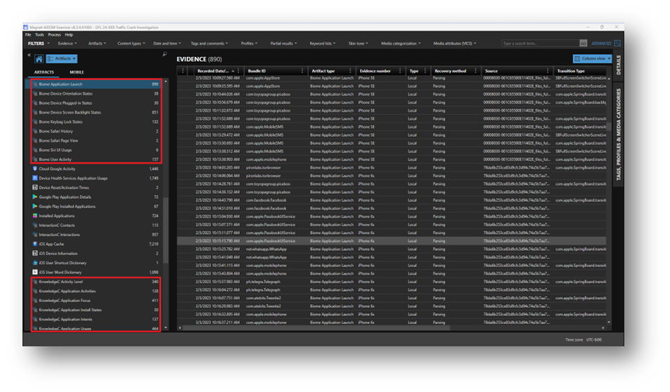 iOS forensics KnowldegC and BIOME artifacts screenshot.