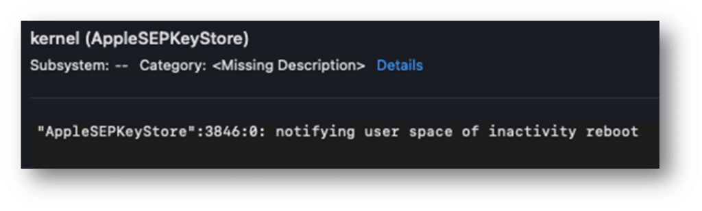 Screenshot of logs within the iOS device searching for inactivity reboot.