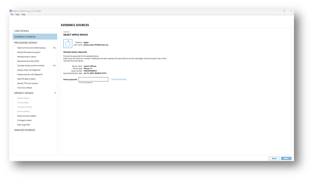 Enter the device passcode for the trusted Apple device to retrieve the ADP keys from Apple to decrypt the iCloud backup.