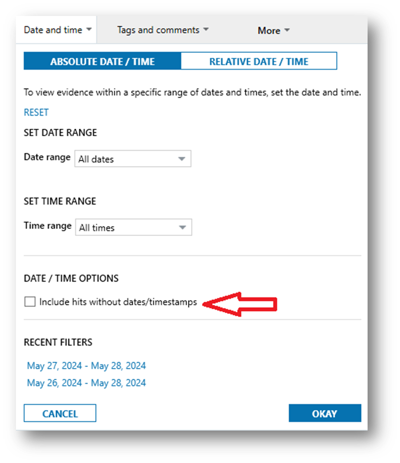 Screenshot of the “Include hits without dates/timestamps” option.