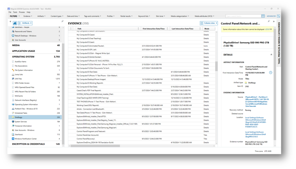 example of the Shellbags entries as presented in Axiom.