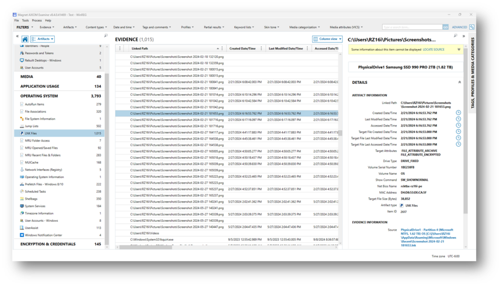 example of the LNK file entries as presented in Axiom