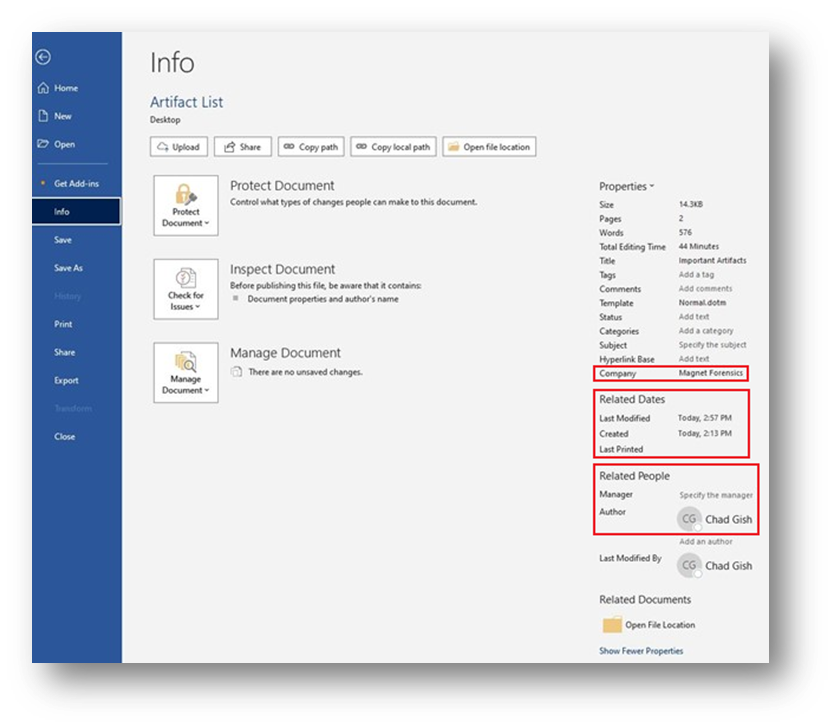 Word document and shows various metadata tags